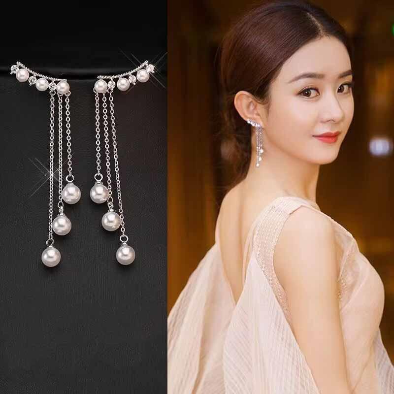 Zircon Earrings Long Pearl Chain Tassel Dangle Earrings Fashion Elegant Women Weeding Party Jewelry Gift Accessories