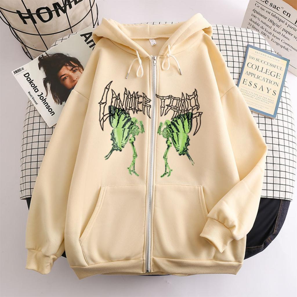 Women's Hooded Zip Up Loose Fit Long Sleeve Printed Butterfly Casual Cardigan Sweatshirt Jacket