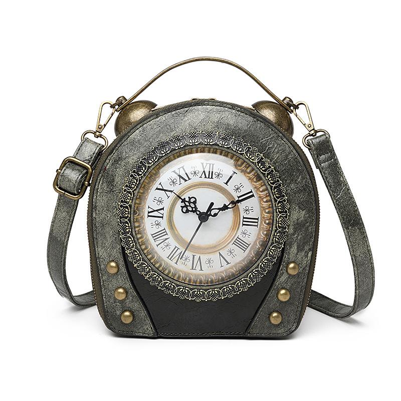 European American Personalized Retro Clock Ladies Handbag High Quality PU Material Antique Shoulder Bags Rivet Dial Design Women's Diagonal Span Bag