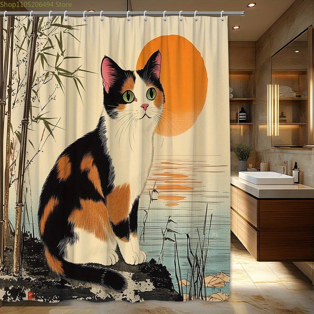 1Pc Calico Cat & Sunset Lake Shower Curtain - Traditional Japanese Ukiyo-E Style Polyester Fabric, Green Eyes, Pink Nose, 180. W60H190(CM)-1 Pcs