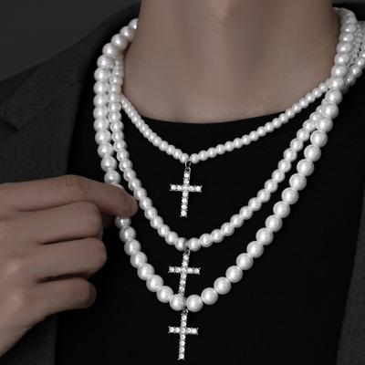 Niche Light Luxury Pearl Cross Necklace for Men, Trendy European and American Style, High Street INS Hip-hop Collarbone Chain for Men and Women,