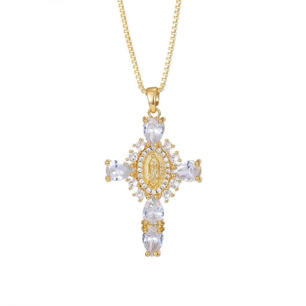 Gold-Plated Multi-Color Zirconia Cross Necklace with Full Diamond Design