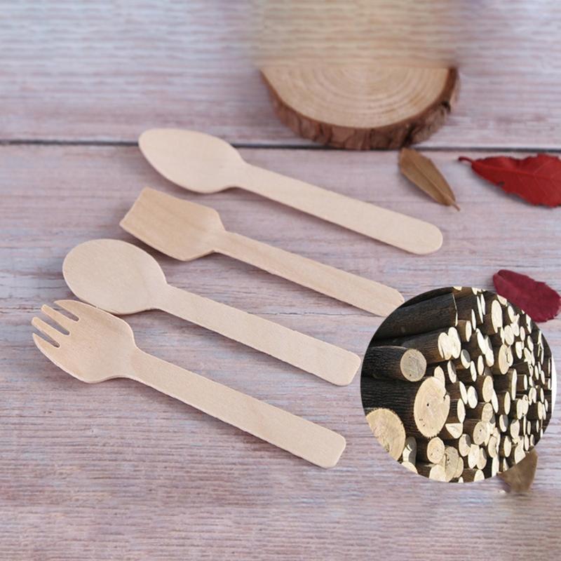 Wooden Eating Utensils Pack of 100 Disposable Cutlery Spoon Fork Knife Birchwood Cutlery Set Environmentally Friendly