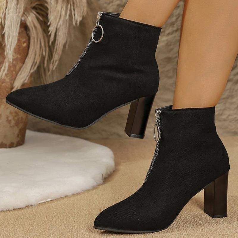 Fashion British Style Round Zipper Ankle Boots Women Autumn Winter 2025 Comfortable Black Faux Suede Boots Pointed Toe Botas Mujer