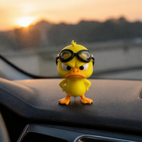 Fun Car Dashboard Decor 3D Printed Angry Yellow Duck Figurine with Detachable Swimming Goggles, Funny Office Desk Ornaments Statue, Desktop