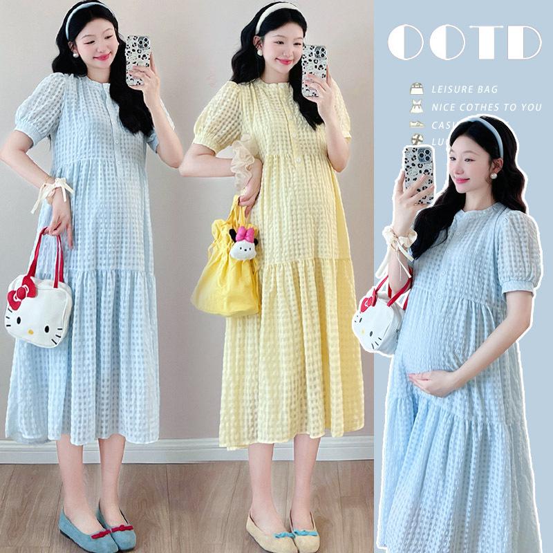 2026 Elegant Maternity Wear: French Puff Sleeve Loose Dress XXL