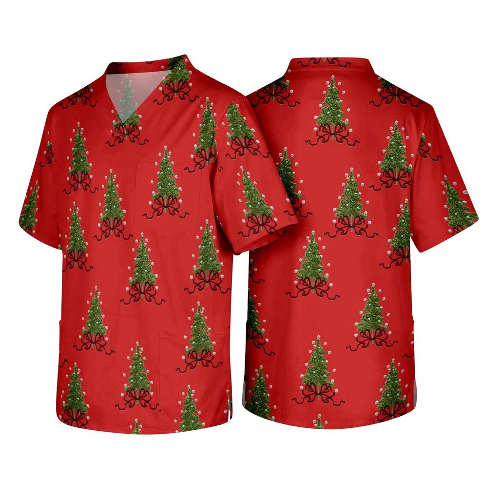 Men's Christmas Theme Caregiver Uniform, Holiday Scrub Top for Nurses and Workers