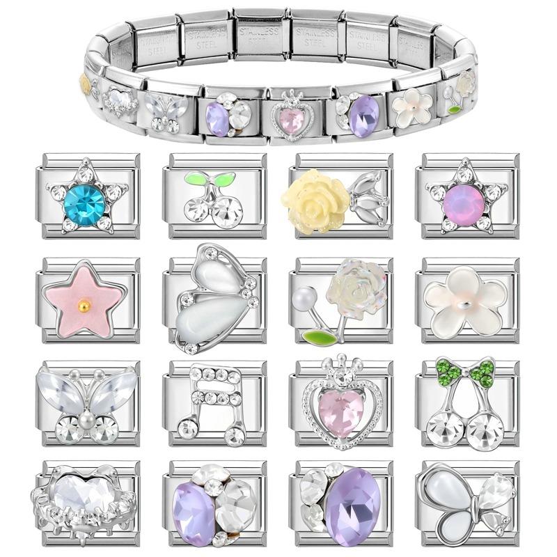 Fashion Shiny Stars Zircon Flowers Cherry Charm Italian Links Fit 9mm Stainless Steel Bracelet Making DIY Jewelry Gifts
