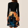 Women's Vintage Long Sleeve Square Neck Halloween Printed Party Dress for Evening Wear