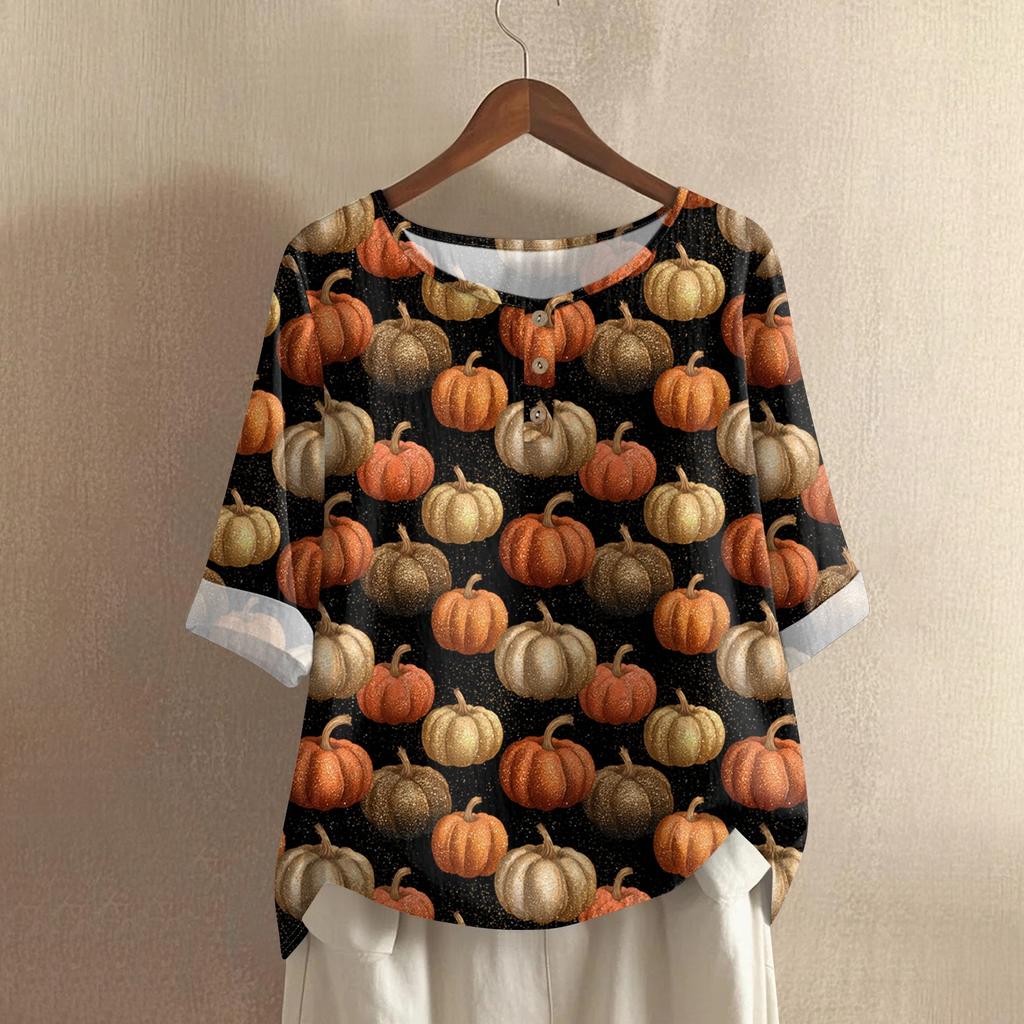 Top Casual da Donna a Manica Media Girocollo con Stampa di Halloween in Cotone e Lino