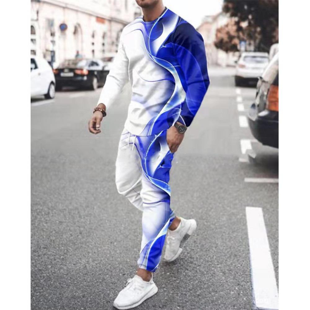 New Men's Long Sleeve T-Shirts Sets Abstract Pattern 3D Print Sports T-Shirt Pants Suit Fashion Tracksuit 2-Piece Jogger Outfits