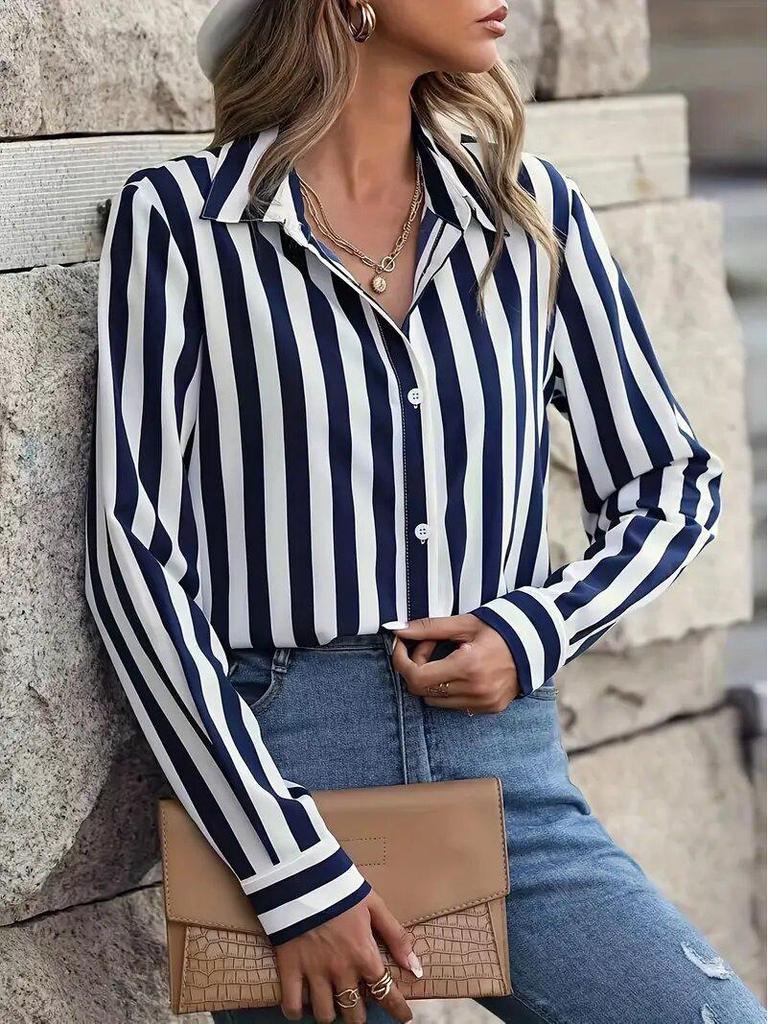 2024 Women's Spring/Summer Blue Striped Fashion Shirt - Versatile European and American Style
