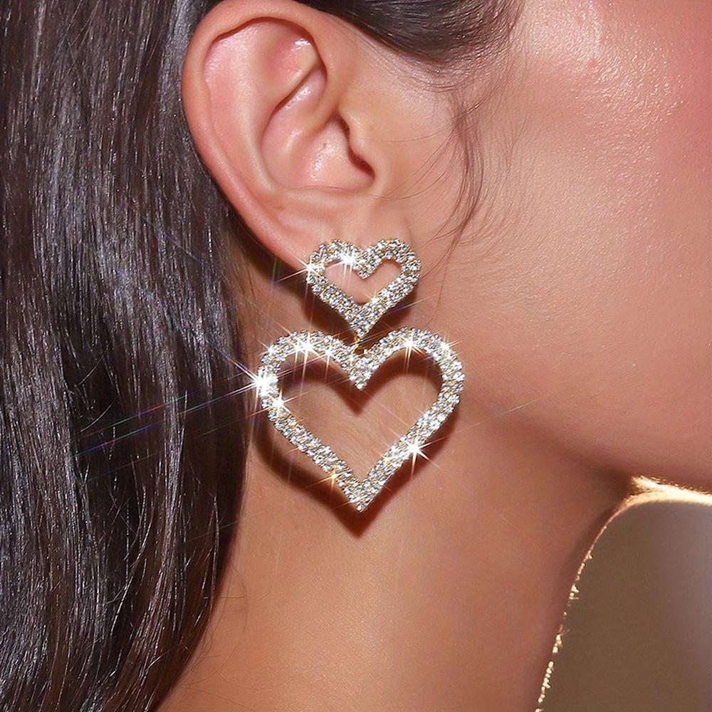 Elegant Double Heart Earrings - Shiny and Gorgeous Hollow Design Pendant Jewelry, Suitable for Formal Parties, Weddings, and Daily Wear