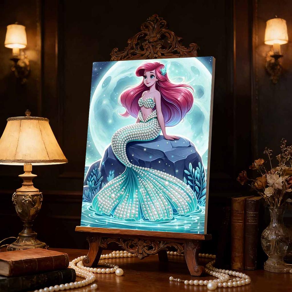 Gentle Pearl-Inlaid Little Mermaid Frameless Art | Moonlit Sea Rock Bg, Handmade 3D Pearl Craft, Ideal for Creamy, Ocean Home Decor