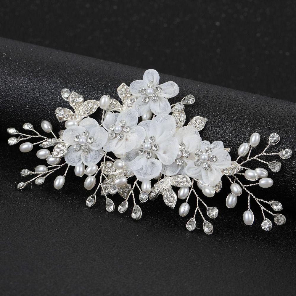 White Silk Flower Women Hair Pins Pearl Crystal Bride Tiara  Hair Accessories Jewelry