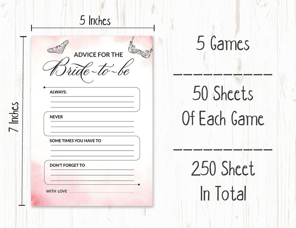 Inkdotpot Bridal Shower Games Set of 5 (Activities for 50 Guests) Lingerie Shower Theme Fun Bachelorette Party Games Set Bundle