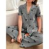 Women Striped Bow Turn Down Collar Short Sleeve Long Pants Two Piece Pajama Loungewear Set