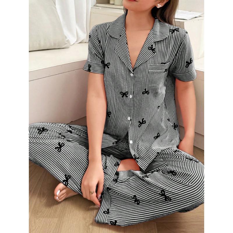 Women Striped Bow Turn Down Collar Short Sleeve Long Pants Two Piece Pajama Loungewear Set