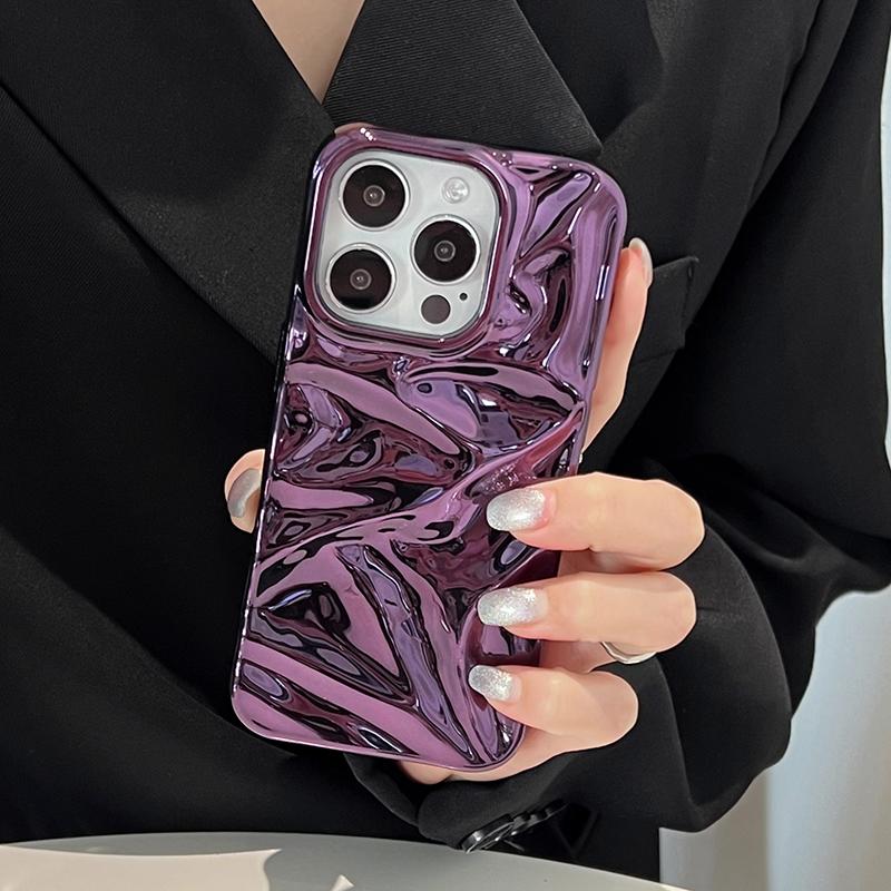 Plating Purple Meteorite Fold Texture Glossy Case For iPhone 16 Pro Max 17 Air 15 13 12 11 14 Plus Soft Shockproof Phone Cover