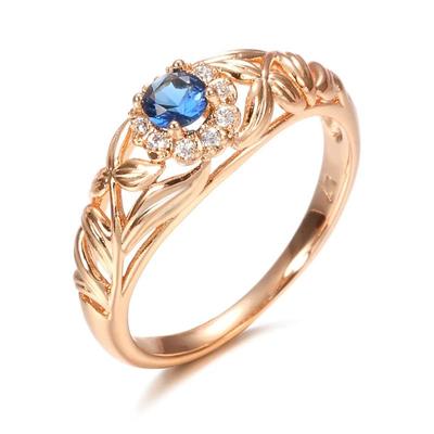 European and American Fashion Blue Zircon Ladies Ring with Gold-Plated Copper