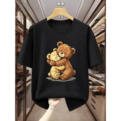 Herren Unisex Baumwoll-T-Shirt mit Cartoon-Umarmungsbär-Muster, Rundhalsausschnitt, Kurze Ärmel. Bequemes lässiges kurzärmeliges Unisex-T-Shirt für den Sommer