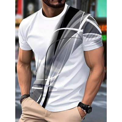 Moda Masculina Nova Camiseta Estampada com Listras 3D Micro Elástica Respirável Manga Curta Esportes ao Ar Livre Secagem Rápida Tamanho Grande Top
