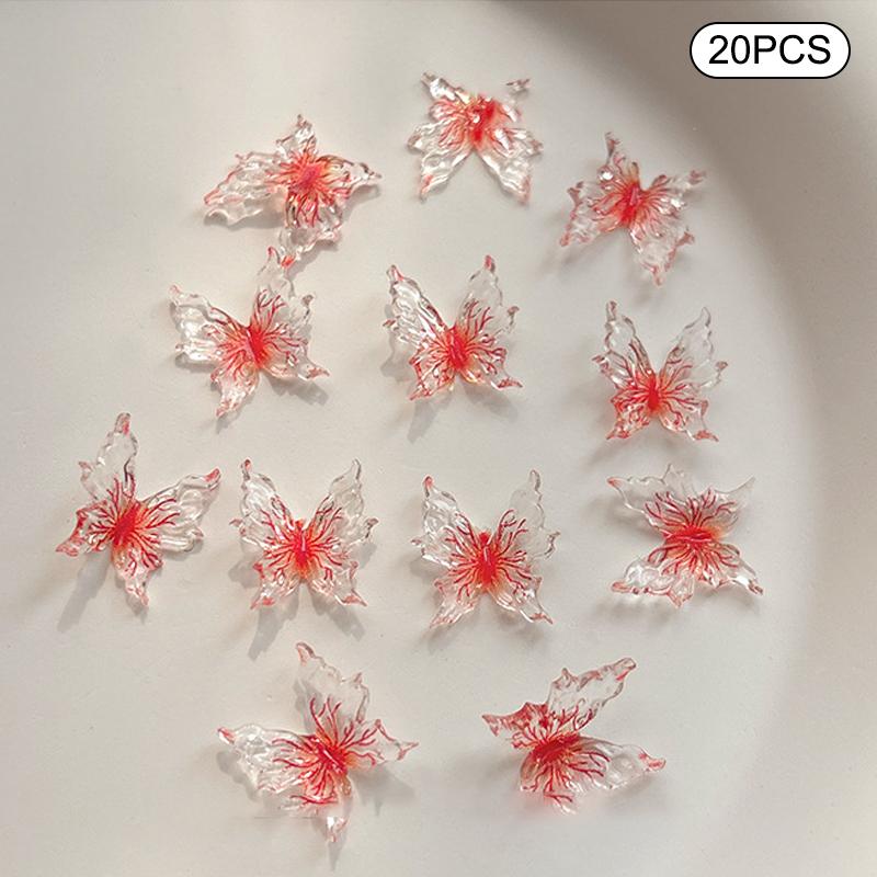 20Pcs Ice Through Temperature Softening Butterfly Nail Accessory 3D Gradient Color Butterfly Wearing Nail Resin Drill Decoration