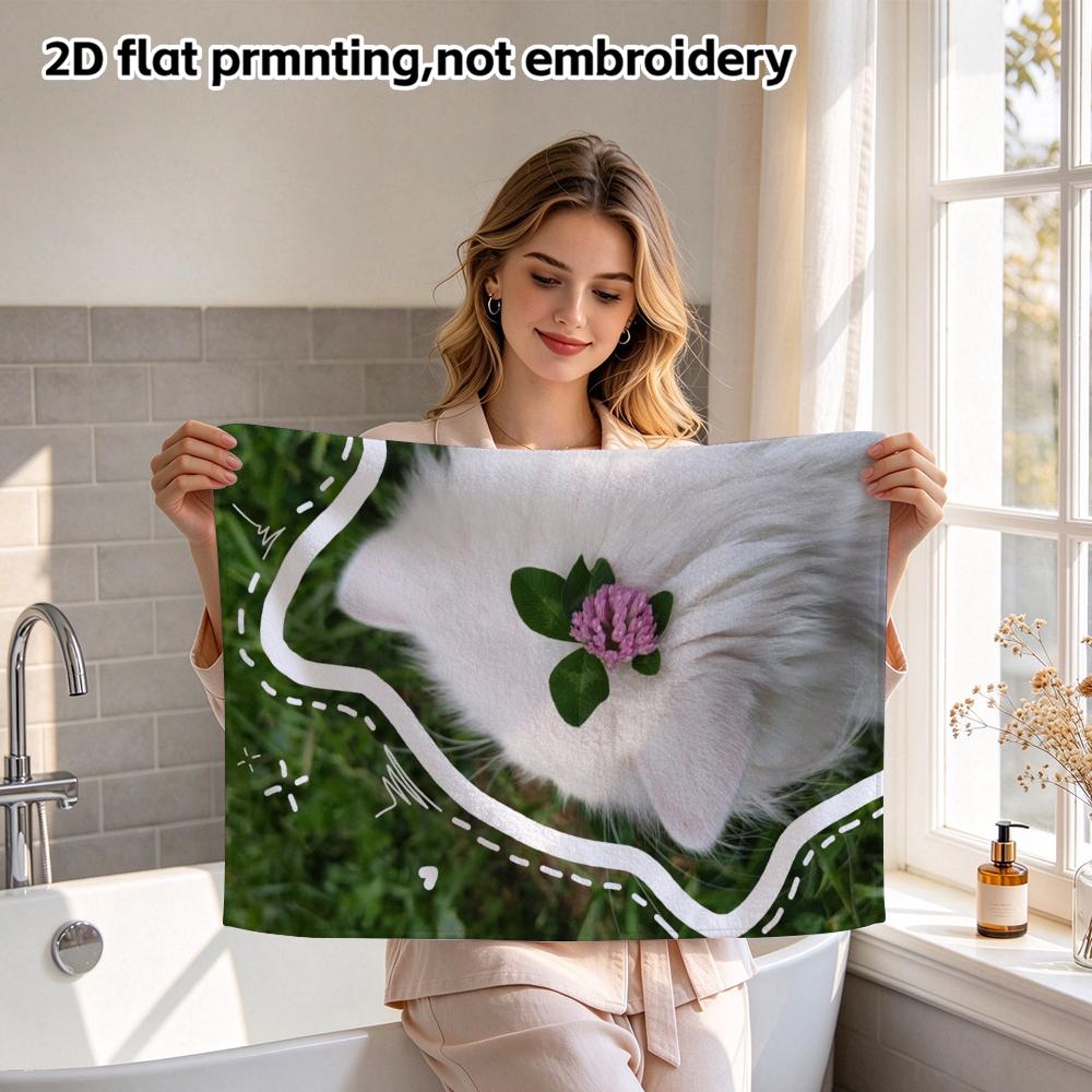Soft Absorbent Bath Towel, White Cat With Clover Floral Print, Cute Cartoon Hand Towel for Daily Use
