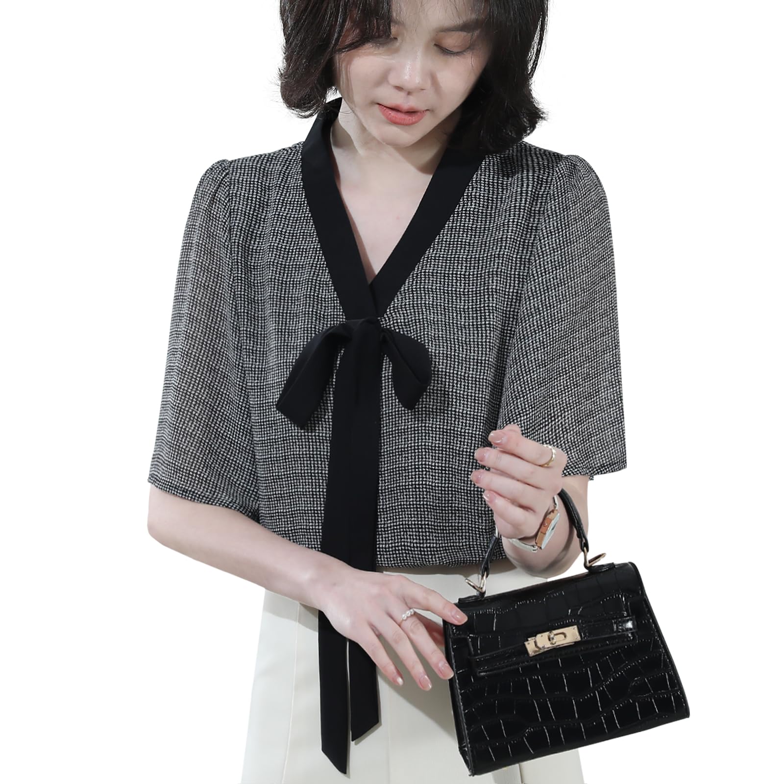 

Блузка с узором «гусиная лапка» для невысоких с расклешенным свободным корпусом на каждый день лето [Bidason] Женщины, Рубашка, Рукава, Лента, Стильный, Элегантный, Классический, Взрослый, чёрный