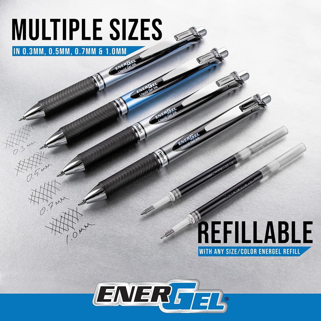 PENTEL EnerGel RTX Retractable Liquid Gel Pen, (0.7mm) Medium Line, Assorted Ink (BL77BP12M) Silver
