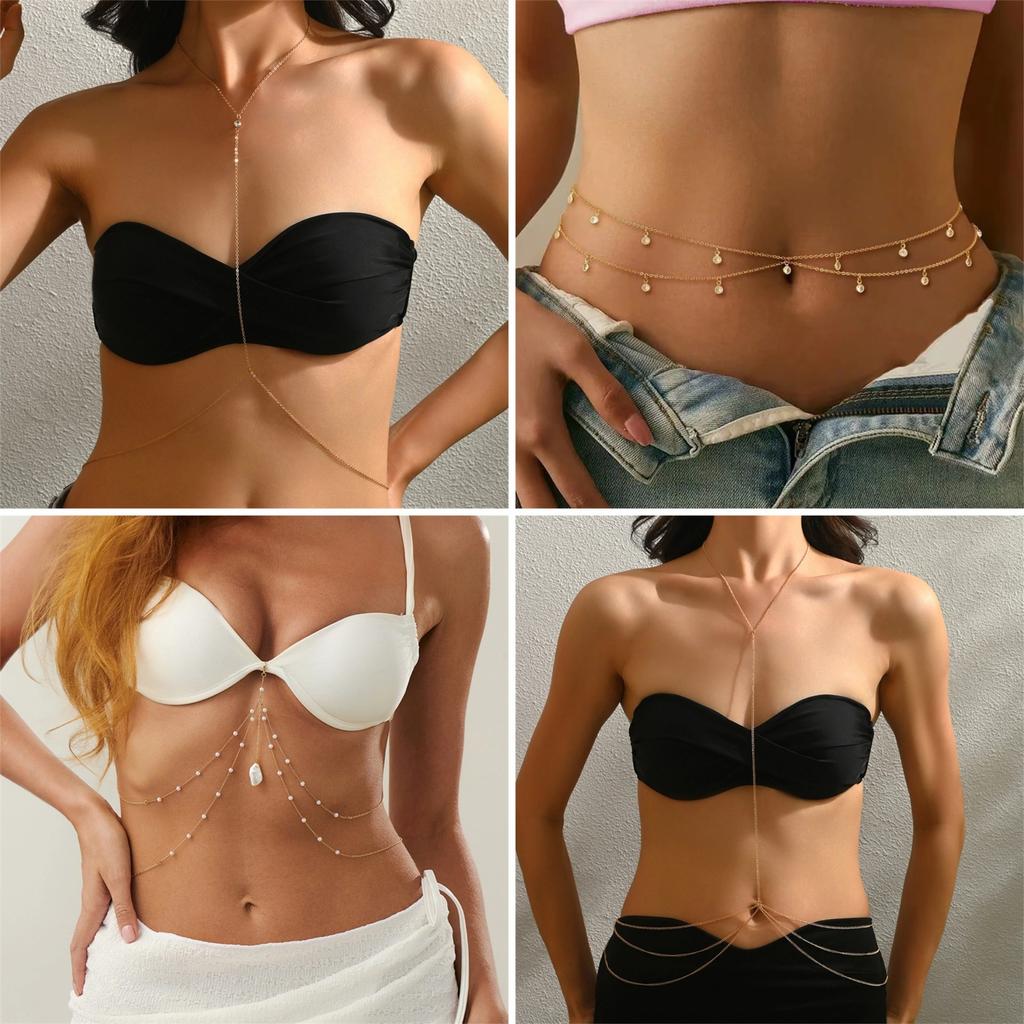 Simple Double Waist Chain Geometric Sequins Beach Party Imitation Pearl Body Chain Fashion