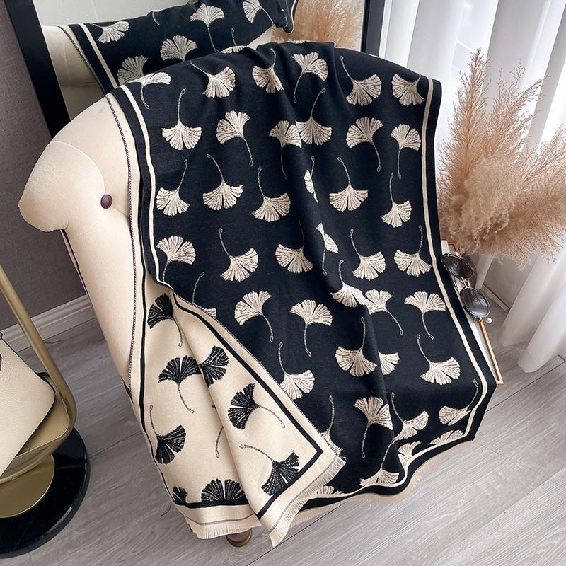 Luxury Winter Cashmere Scarf Women Leafage Print Warm Pashmina Blanket Poncho Scarves Female Shawl Wraps Thick Foulard Bufanda