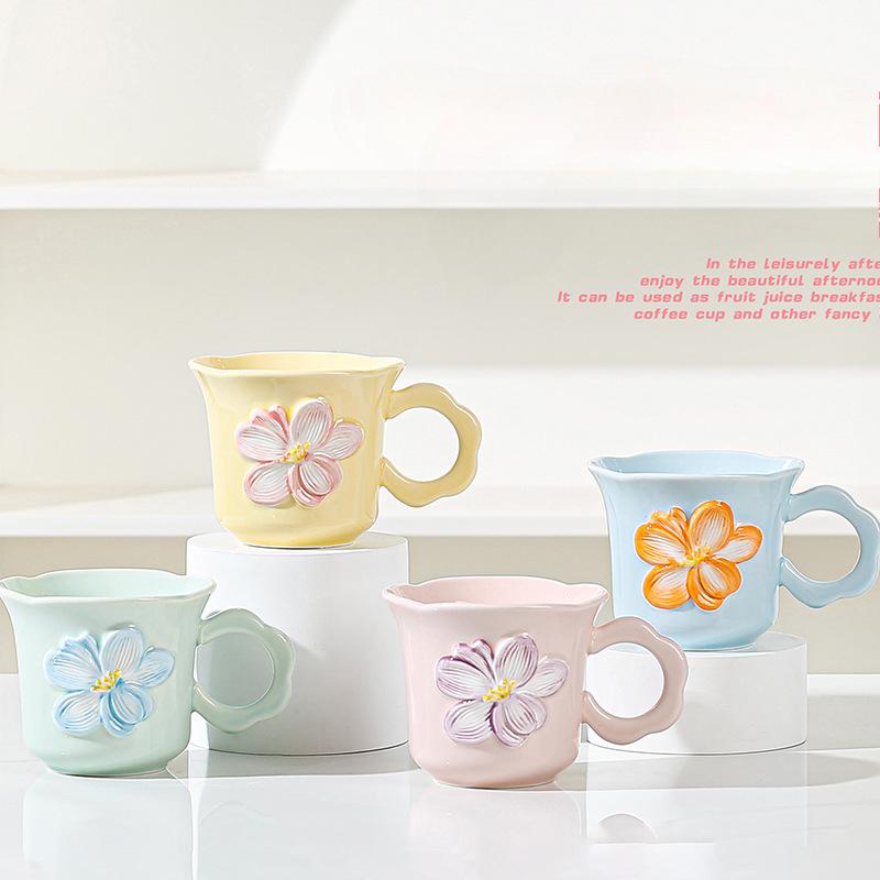 Color Glaze Embossed Small Flowers Ceramic Cup Ins Style Cute Pastoral Feng Shui Cup Breakfast Mug Souvenir Small Gift