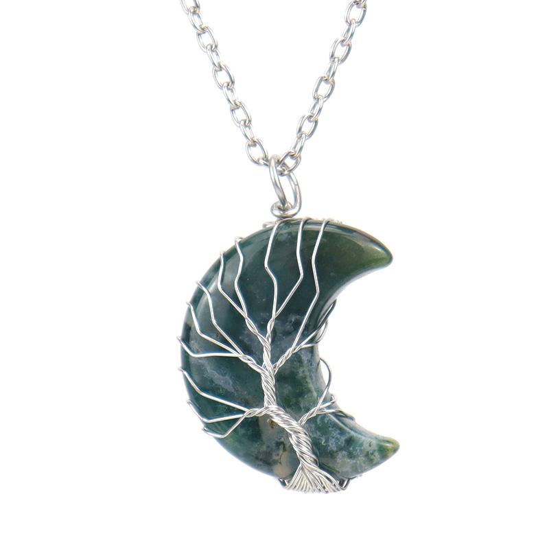 Natural Stone Amethyst Moon Tree Of Life Pendant Necklace, Wound And Wound Handmade Fortune Tree Crystal Necklace N571