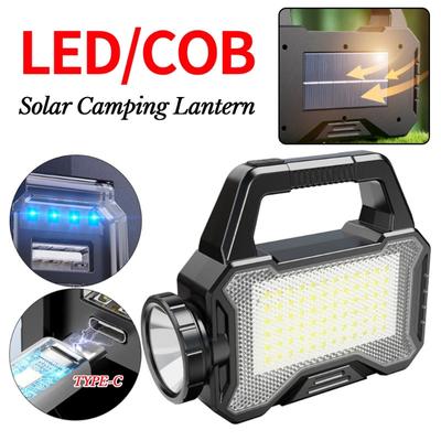 Solar Camping LanternType C Rechargeable Long Range Outdoor Camping Searchlight Waterproof Powerful Handheld Spotlight Torch COB