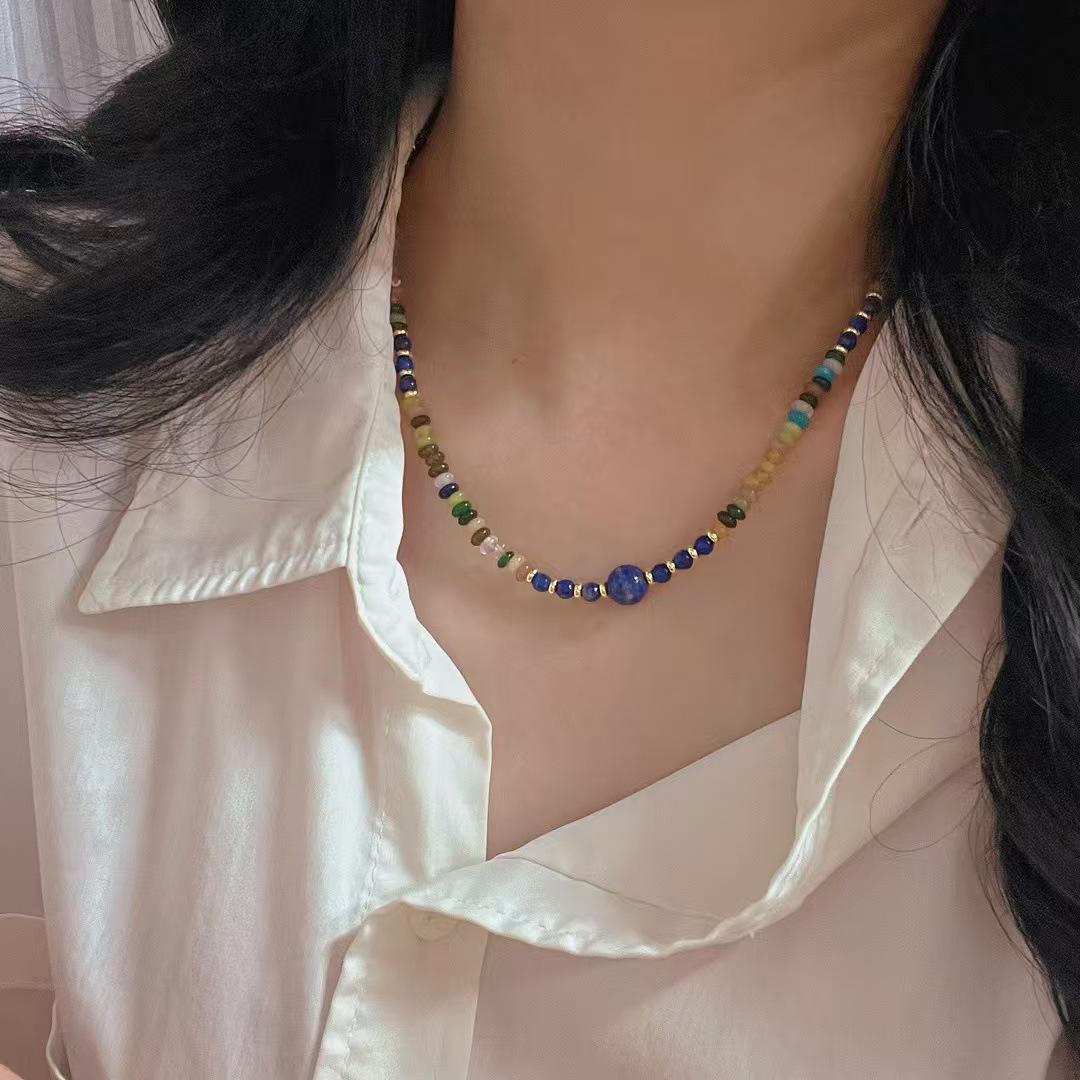 

Винтажное романтичное натуральное лазуритового цвета кварцевое ожерелье-цепочка для ключиц с бусиной в форме летающей тарелки