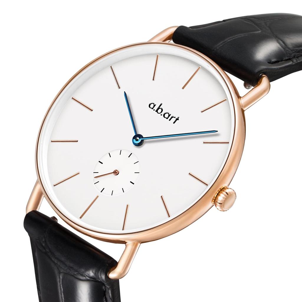 Quartz Watch with Swiss Sapphire White Black Leather Slim Water Minimalist Perfect for Business 41mm A.b.art Men's Movement, Crystal, Dial, Strap,