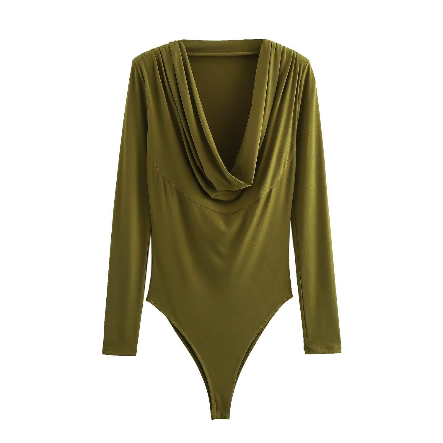 

2024 Осень Женский Европейский и Американский Стиль Плиссированный Боди с Подплечниками Мода Small зелёный