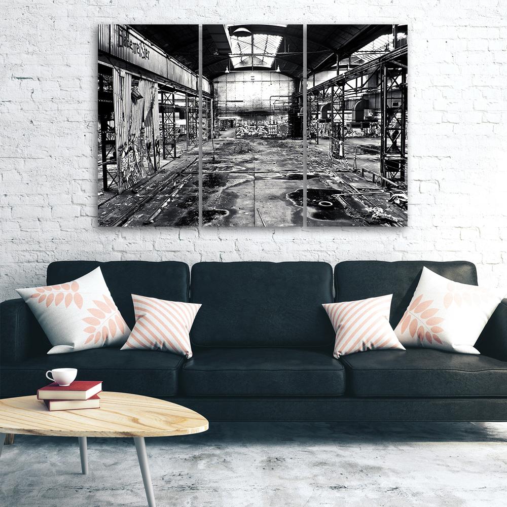 Three Piece Picture Canvas Print Old Factory Black White