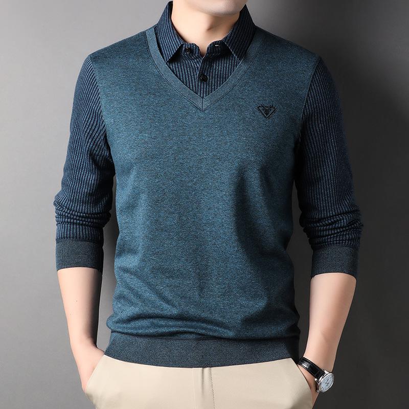 

Мужская двухпредметная футболка с лацканами в полоску на флисовой подкладке для осени и зимы XL зелёный