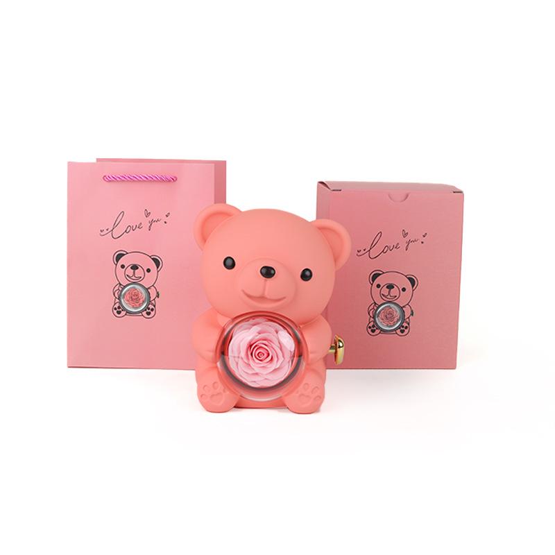 Teddy Bear Everlasting Flower Gift Box with Ring and Necklace