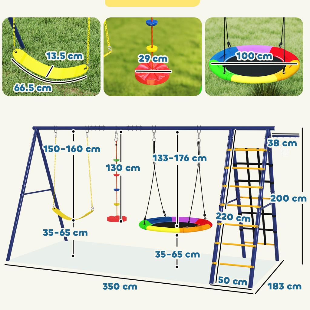6 in 1 Metal Kids Swing Set with 3 Swings, Climbing Ladder & Net, Basketball Hoop, for Ages 3-8