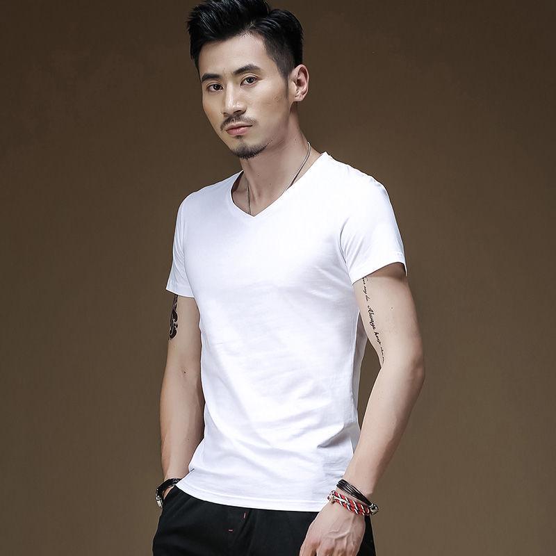 Men's Black V-Neck Slim Cotton T-Shirt - Short-Sleeved Summer Trend