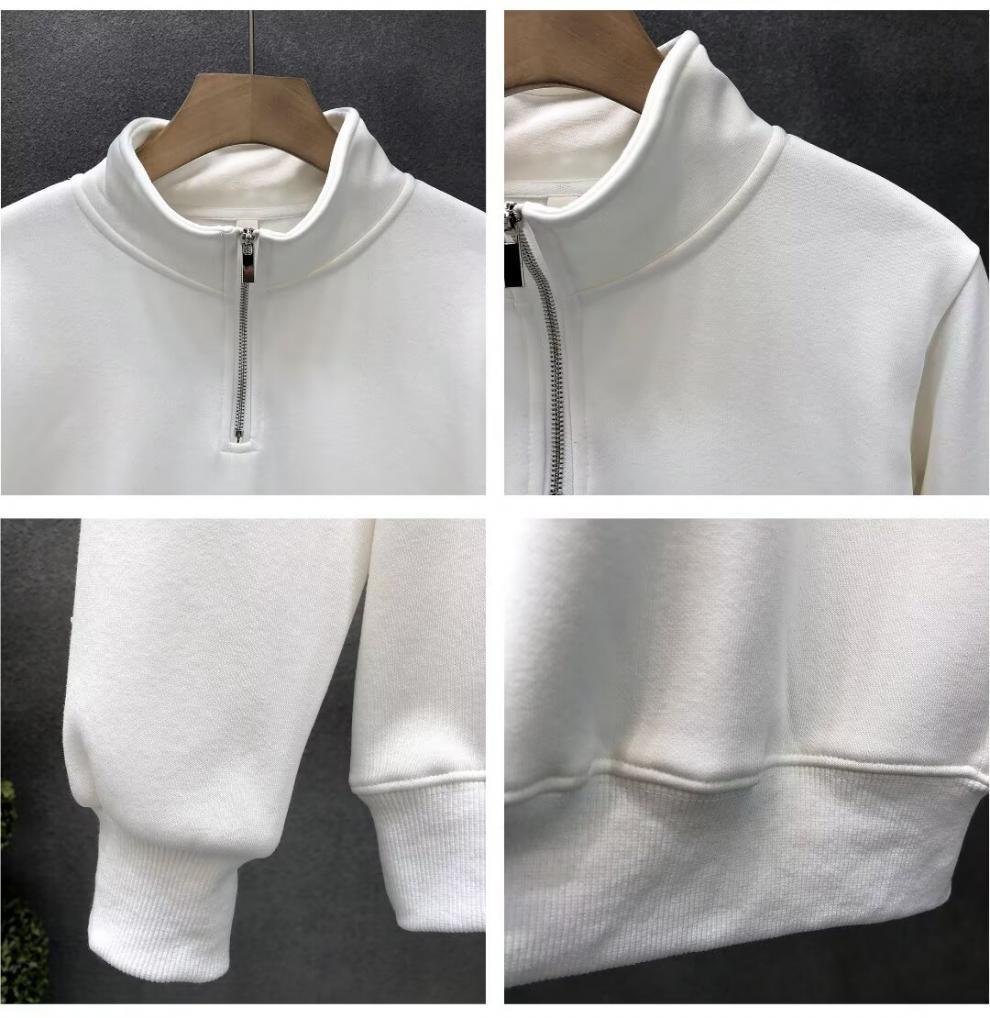 Hong Kong-Style Men's Retro Streetwear Solid Color Half-Zip Long Sleeve Hoodie