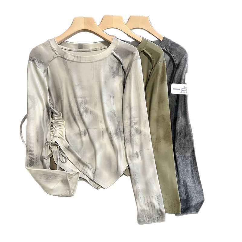 Tie-Dye Women's Irregular Long Sleeve Drawstring Slimming T-Shirt - Korean Style for Spring/Autumn 2025