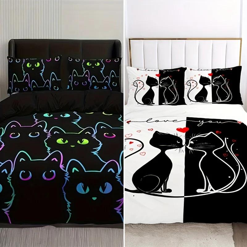 Cute Black Duvet Cover Set Color Cat Print Bedding Set Soft Comfortable Breathable Duvet Cover For Bedroom Decor