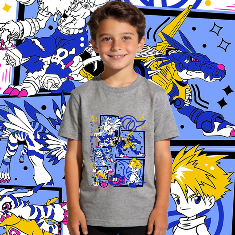 Digimon Ishida Yamato X Gabumon Anime Print Boys Girls Cotton T Shirt Casual Short Sleeve Top Kids Summer Clothes