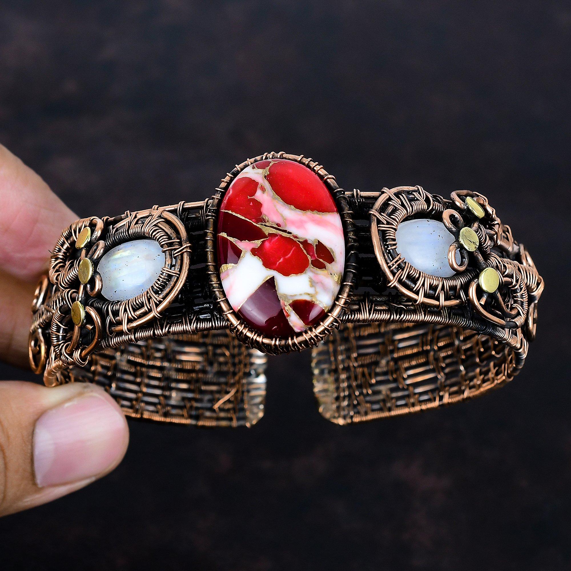 

Кингман красный мохавский медный бирюзовый браслет-манжета медная проволока обмотка регулируемый браслет радужный лунный камень драгоценный камень браслет ручной работы Adjustable