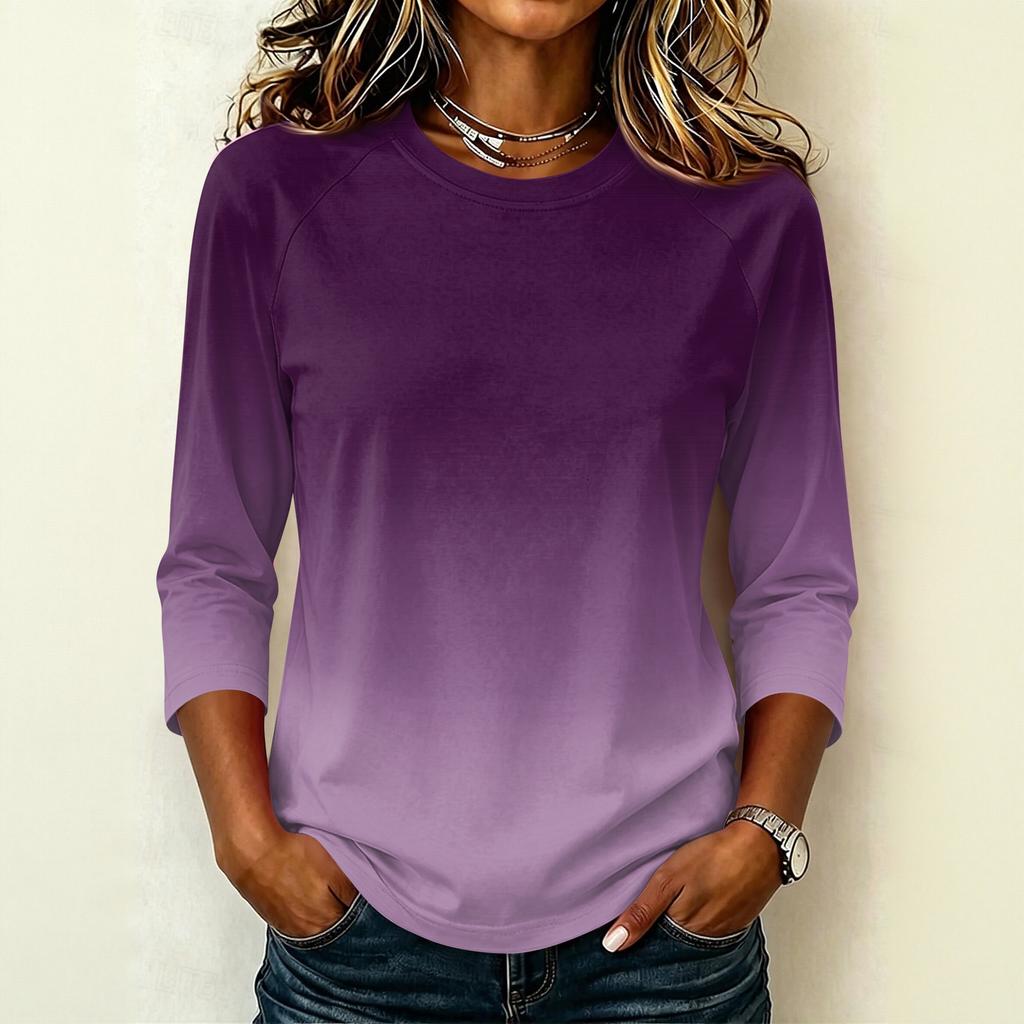 Womens Casual Raglan Sleeve Crew Neck Three Quarter Sleeve Gradient Print Pullover T Shirt Top for Everyday Wear