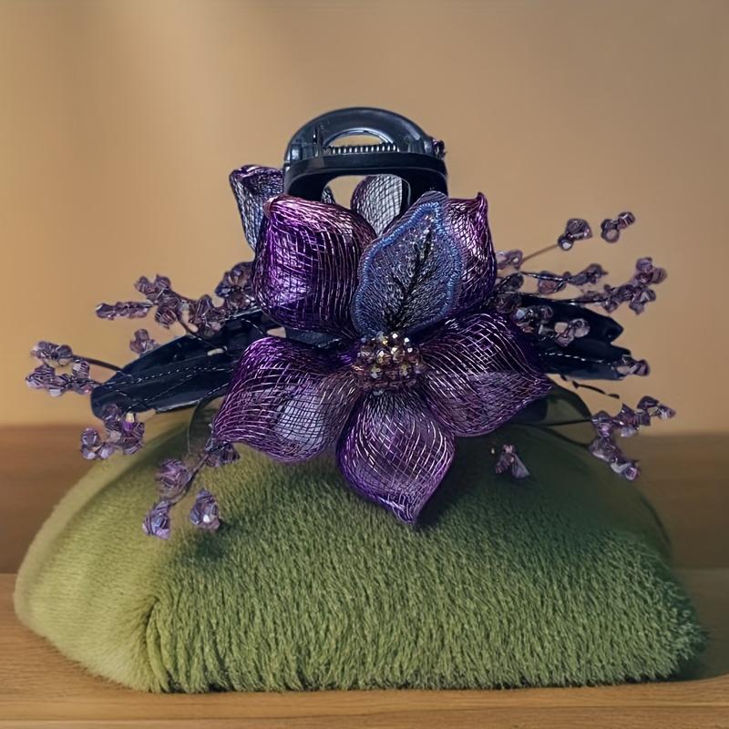 

Elegant Floral & Crystal Leaf Hair Clip Large Dual-Tone Embroidered Metal Barrette For Women And Girls Perfect Gift For Special Occasions Purple Grab Clip